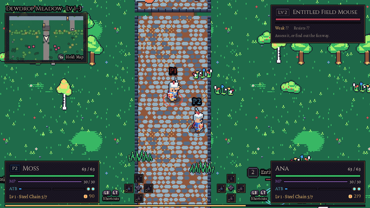 Two heroes, P1 and P2, walking the cobbled road through Dewdrop Meadow, each with their own card